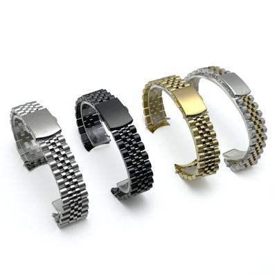 Cinturino per orologio in solido acciaio inossidabile disponibile a magazzino, con cinque maglie e chiusura a farfalla a doppia pressione, terminali curvi, disponibile nelle misure 18-22 mm.
