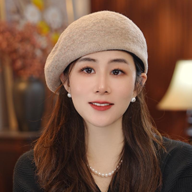 Three-dimensional solid color wool warm beret female versatile casual painter hat autumn and winter bud hat shows small face