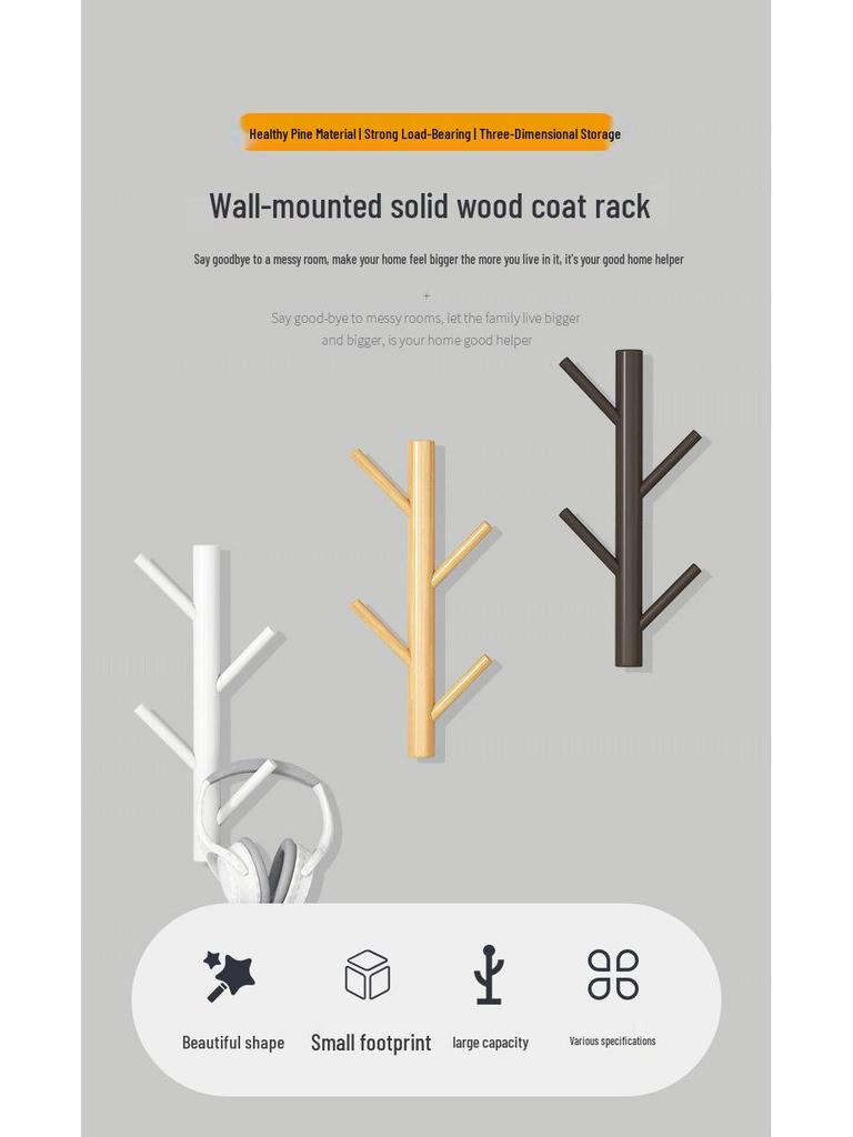 New Solid Wood Punch-Free Wall-Mounted Coat Rack & Clothes Hanger with Creative Behind-the-Door Hooks for Bedroom & Living Room