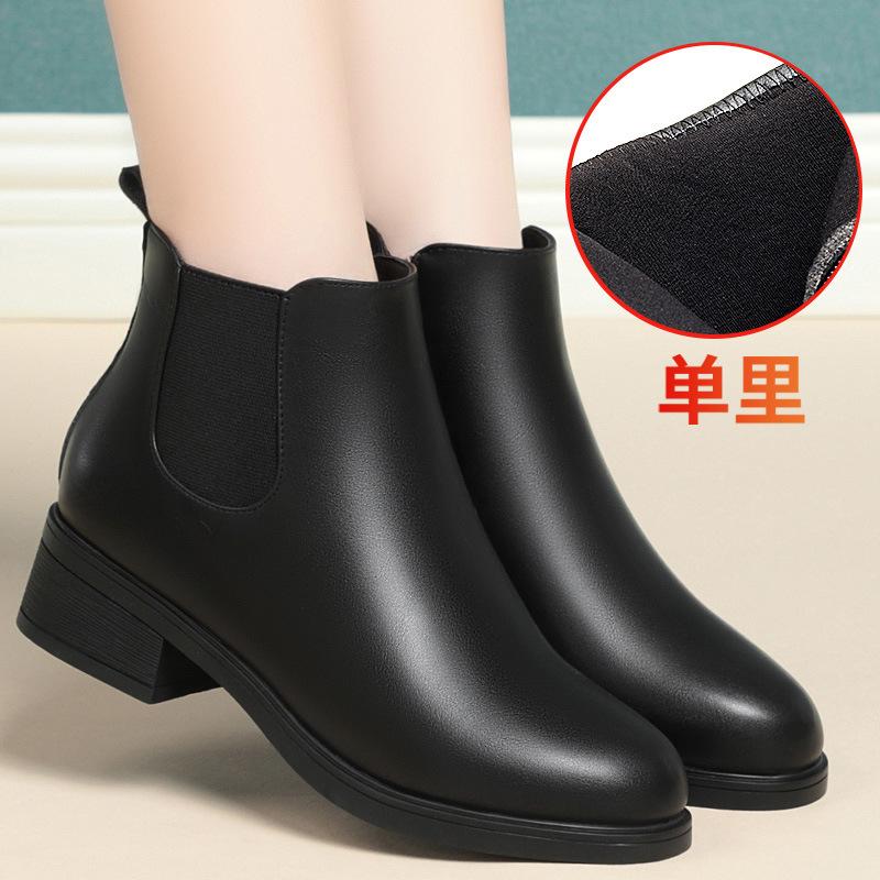 Winter Medium Heel Women's Short Boots Black Velvet Work Shoes Thick Heel, Martin Boots Professional Women's Shoes Soft Leather Cotton Shoes