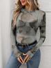 European American Women's High Neck Y2K Mesh Top - Sexy See-through Long Sleeve T-shirt