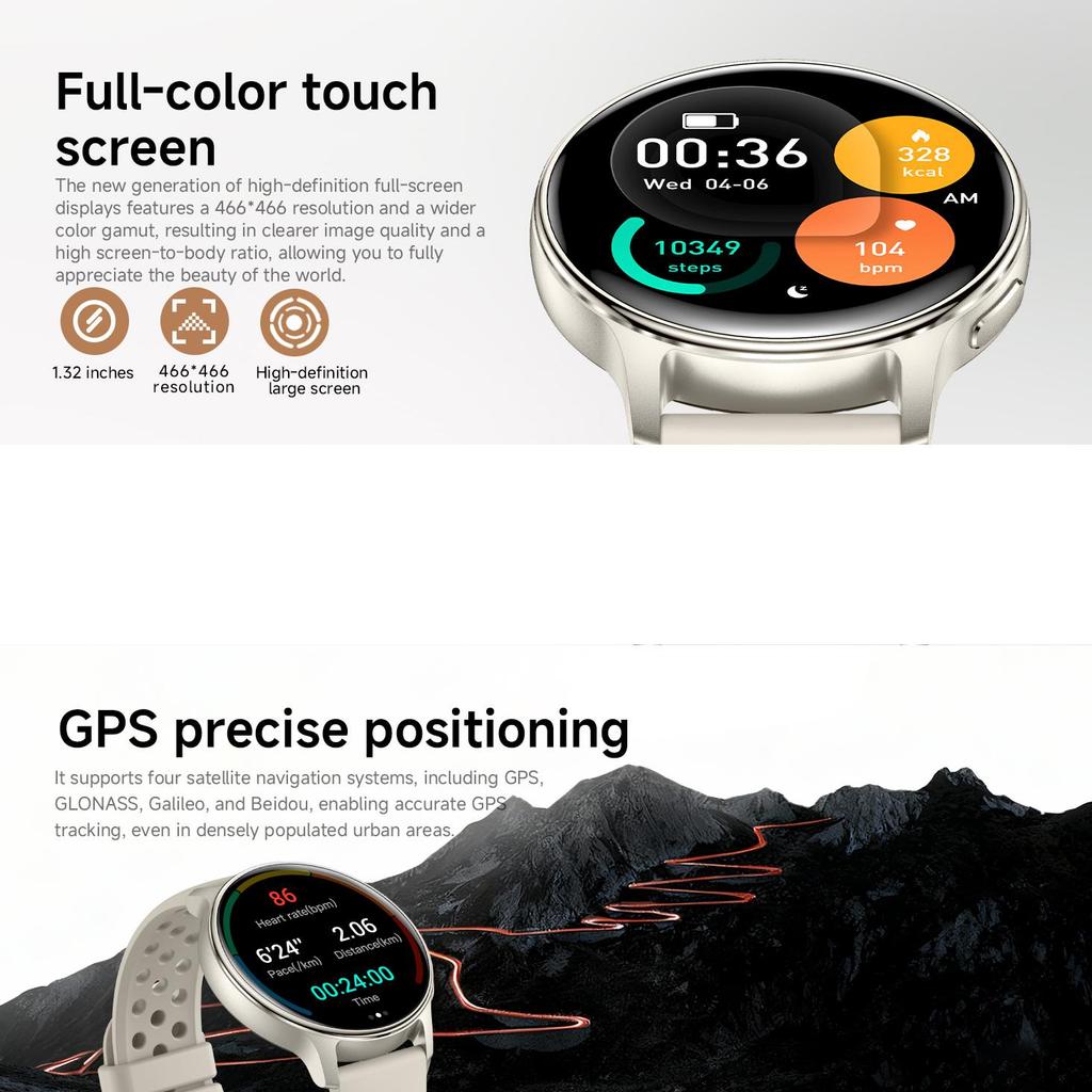 Bluetooth Smartwatch with AMOLED 1.32-inch display, LED flashlight, compass, and outdoor features