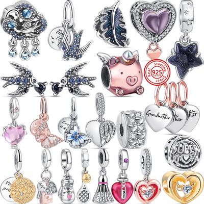 925 srebrny motyl latający jednorożec świnia niebieska jaskółka chmura pióro serce koraliki Fit oryginalna bransoletka Charms Fine Jewelry