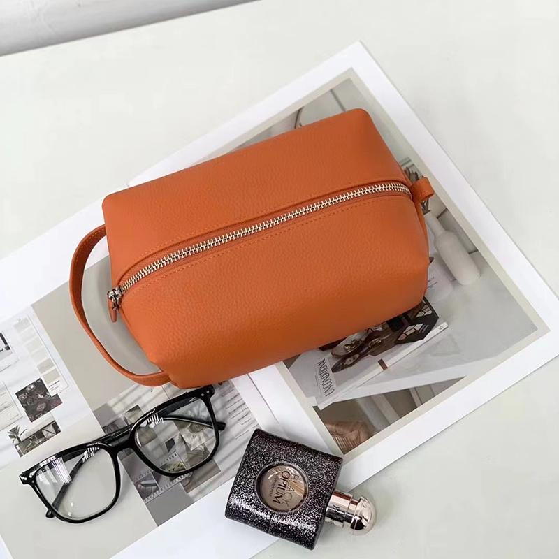 High Quality Soft Solid Color Leather Makeup Storage Pouch Portable Sport Outdoor Cosmetic Bag for Travel Handle Wash Bag