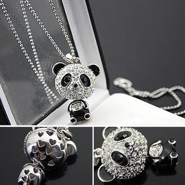 Dam Mode Härligt Strass Panda Hänge Pärlstav Lång Tröjkedja Halsband