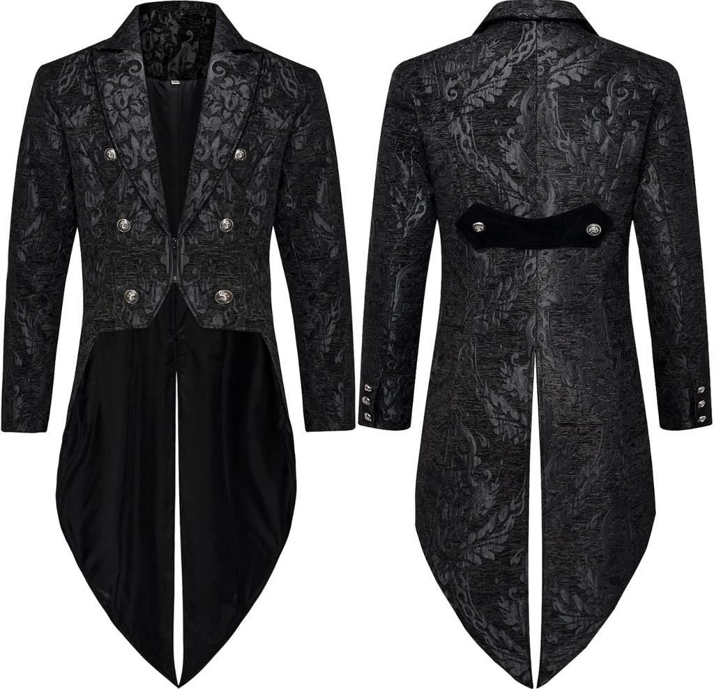 Adult Men Victorian Coat Costume Black Tuxedo Halloween Cosplay Costume Tailcoat Gothic Steampunk Trench Frock Outfit Overcoat