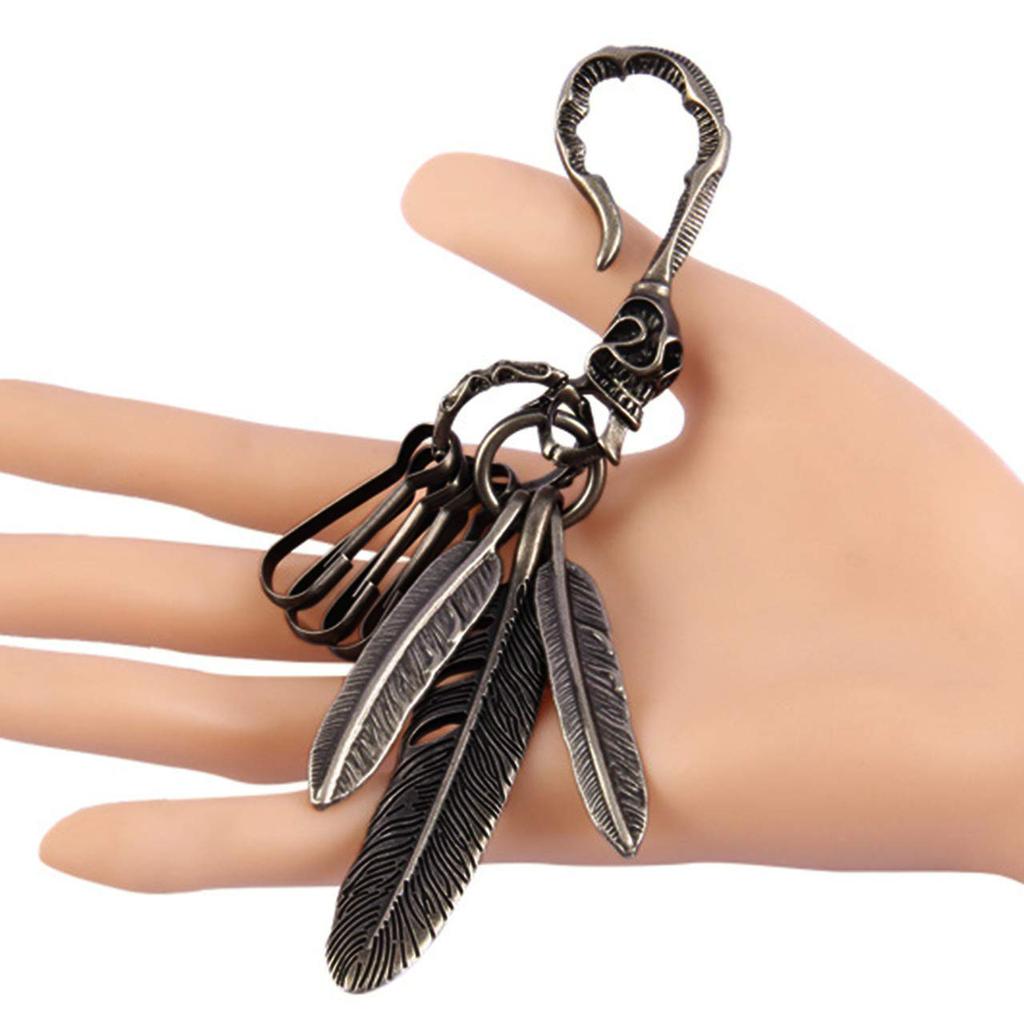 Long Feather Skull Native [ZIYMU] Keychain, 3-Strand Pendant, Head, American, Silver, Zm-k-002