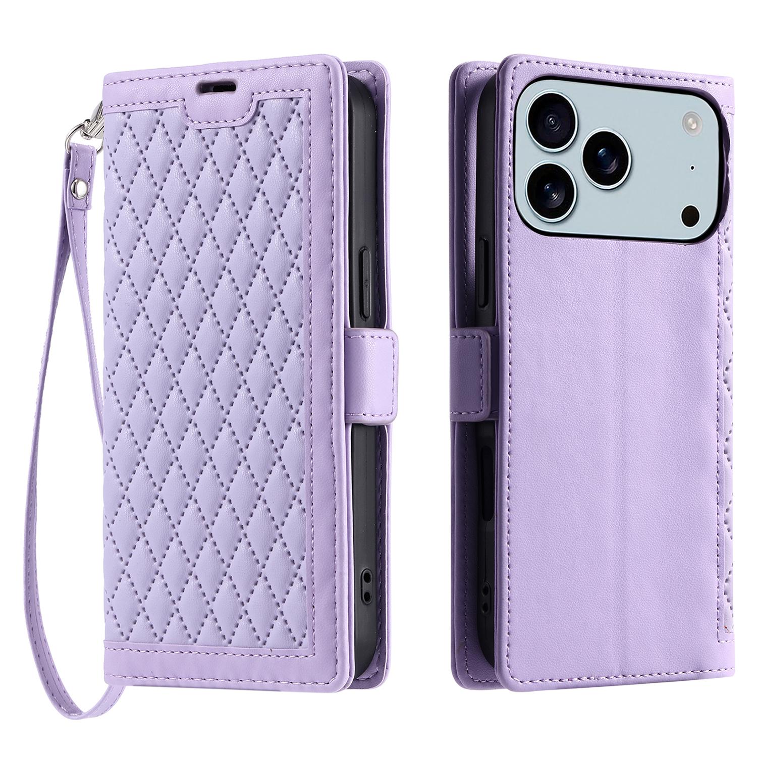 

For iPhone 17 Pro Max Leather Case Rhombus Texture Wallet Stand Phone Cover with Wrist Strap Purple
