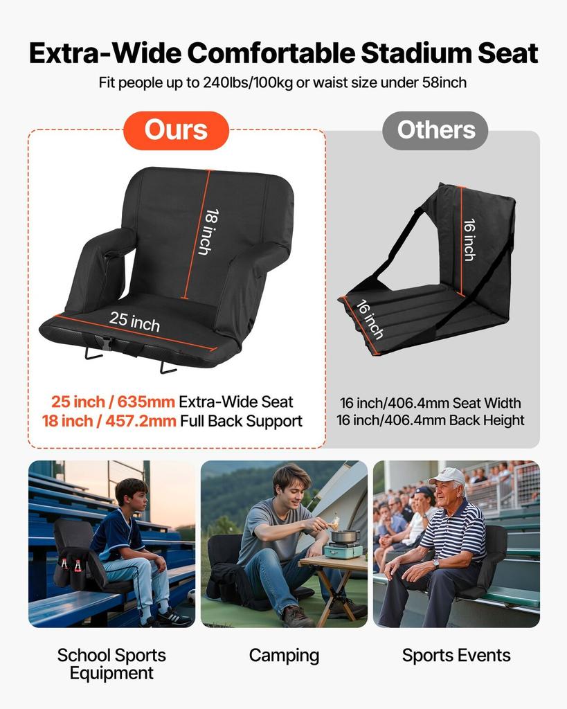 Stadium Seat, 6 Adjustable Angle Bleacher Chair, 69.85mm Cushion Stadium Seat with Back Support and Armrest, Wide Bleacher Chair with Hook Pocket