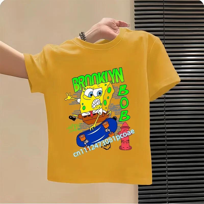 2026 SpongeBob Summer Tshirt for Children  100 Cotton ShortSleeved Boys Sport Shirt  Girls Casual Top with Cartoon Print