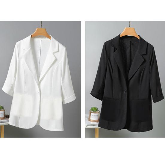 Women Summer Suit Coat Lapel 3/4 Sleeve Slim Fit Casual Jacket Single Button Flap Pockets Solid Color Sunscreen Coat