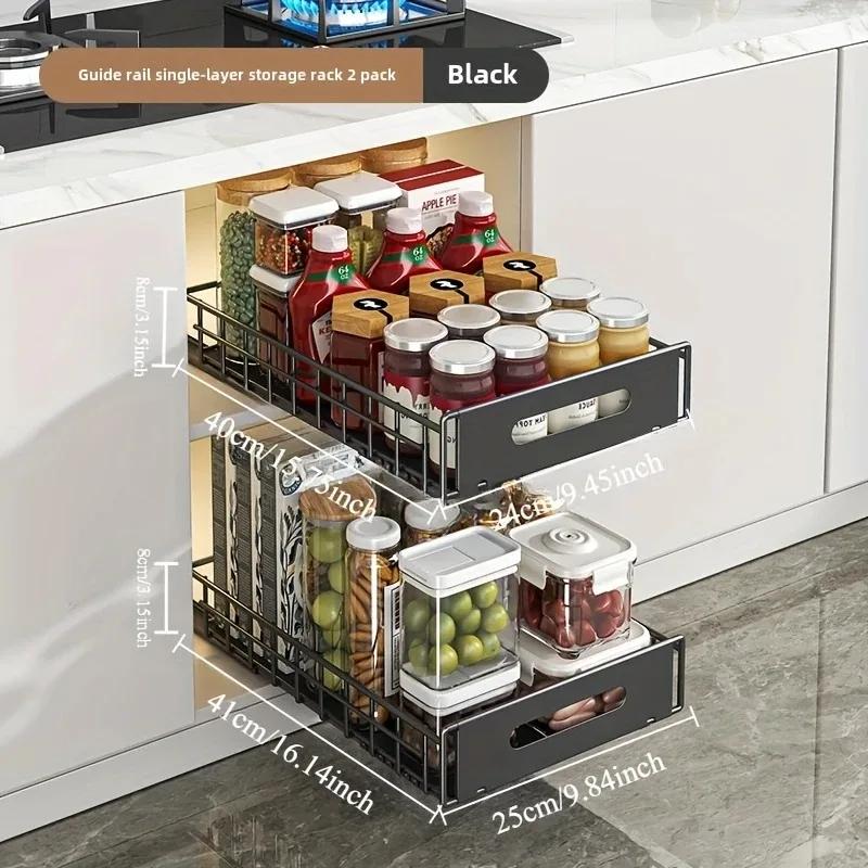 

1-2pcs Pull-Out Kitchen Cabinet Storage Basket Condiment Holder Multifunctional Drawer Rack for Household Cabinet Organizing 2-tier