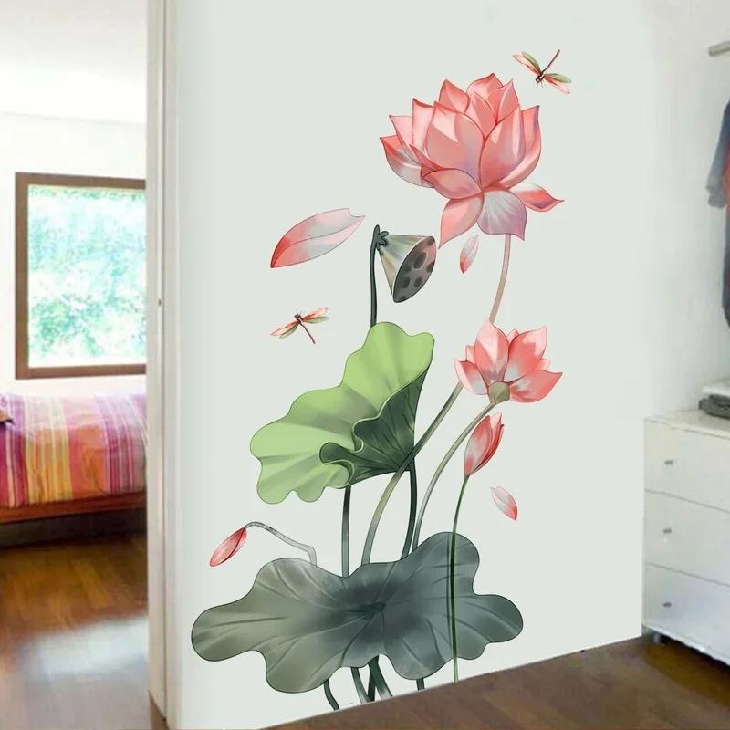 Removable Art Sticker Creative Bedroom Decorative Wallpaper Lotus Dragonfly Wall Sticker Living Room Wall Background Home Decor