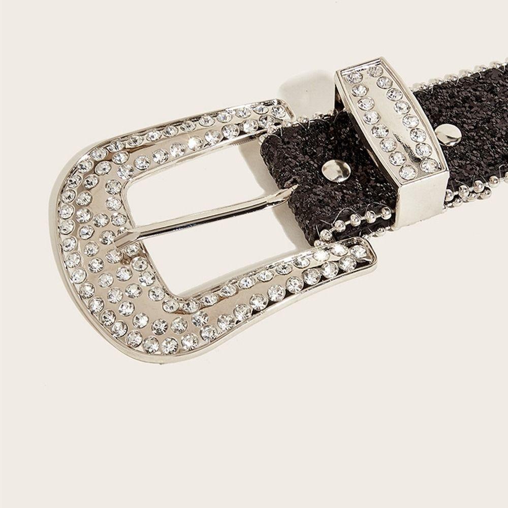 Beads Bordered Shiny Wide Belt Solid Color Women PU Belt Vintage Rhinestone Waistband  Ornament