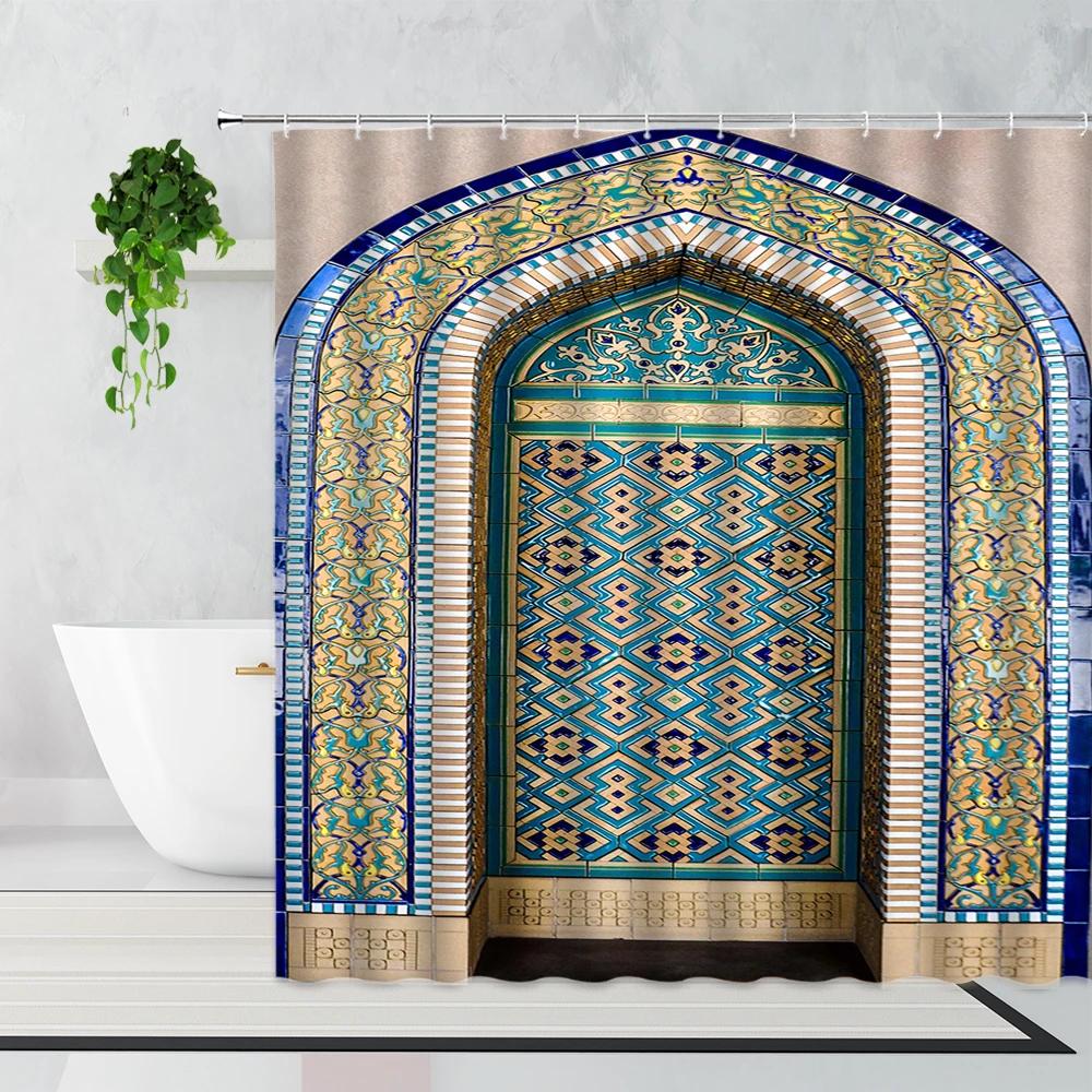 Tenda da Doccia Marocchina 3D Cancello Invecchiato Motivo Geometrico Design Porta d'Ingresso Ingresso Stile Orientale Architettonico Tende da Bagno