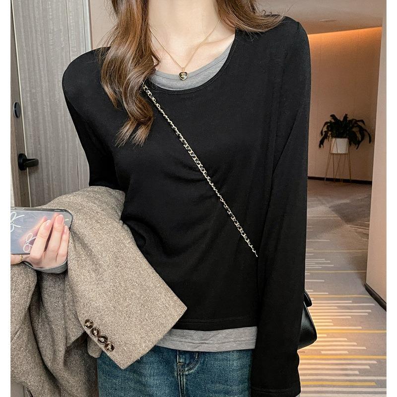 Women Fall Fake Two Piece Bottom Positive Shoulder Long Sleeve Loose Top