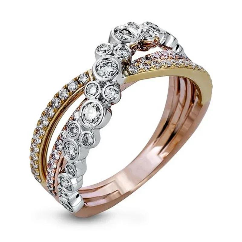 

Luxury Three-Tone Women s Wedding Ring Bling White CZ Inlaid Fancy Cross Design Special-Interest Finger Zircon 10