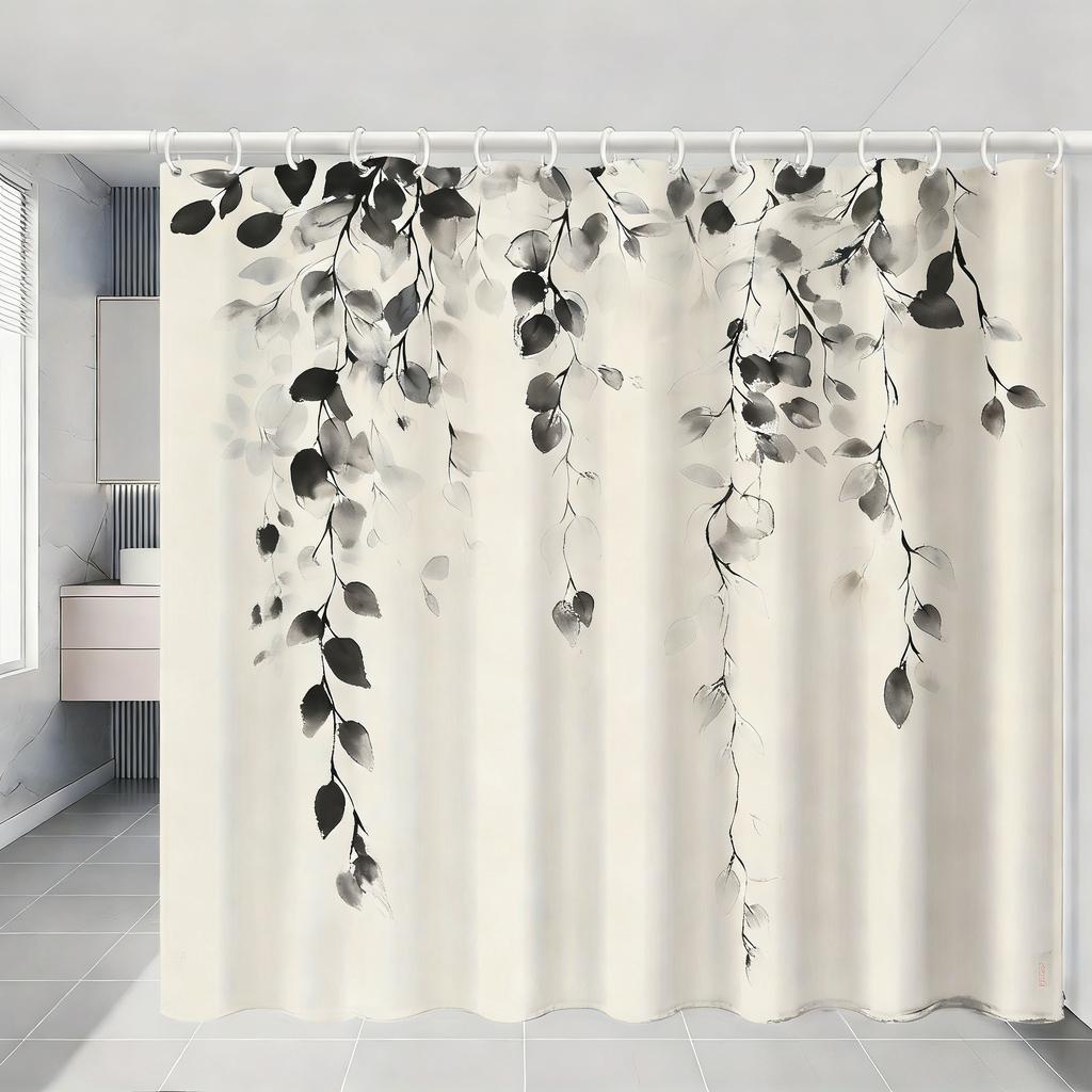 Watercolor Green Hanging Leaves Waterproof Shower Curtain For Bathroom Decor