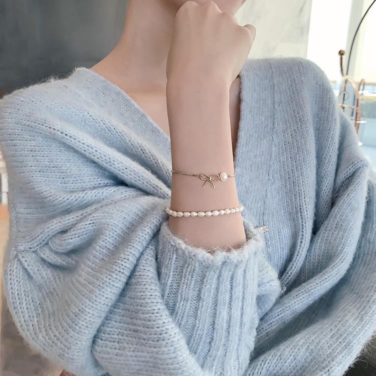 High Quality Fashion Bowknot 14K Gold Filled Natural Freshwater Pearl Two Piece Set Bracelet For Women No Fade Gifts