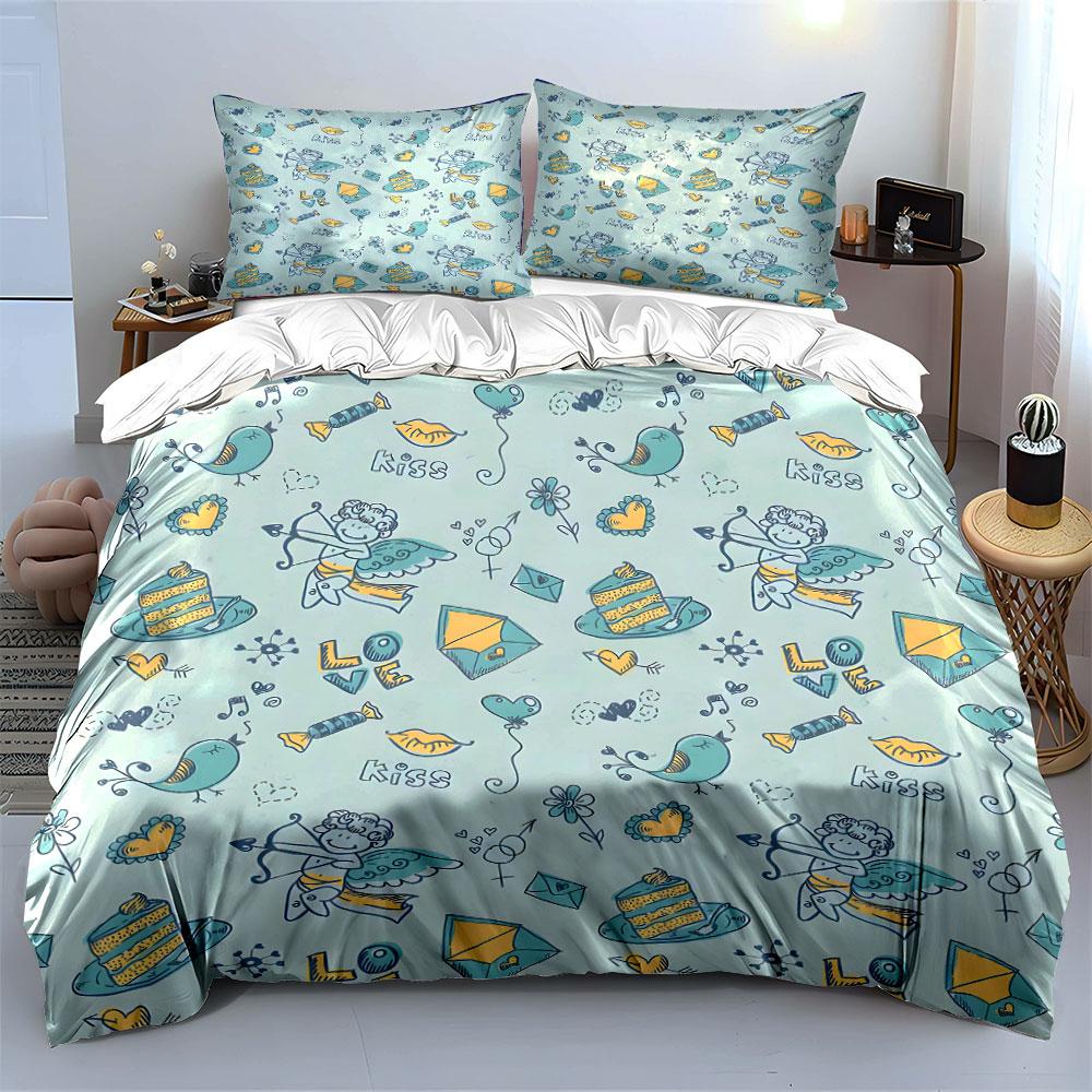 Hand-Drawn Romantic Pattern Background Duvet Cover Set With 3D Printing Design Soft Polyester Bedding Set All-Season Comfort