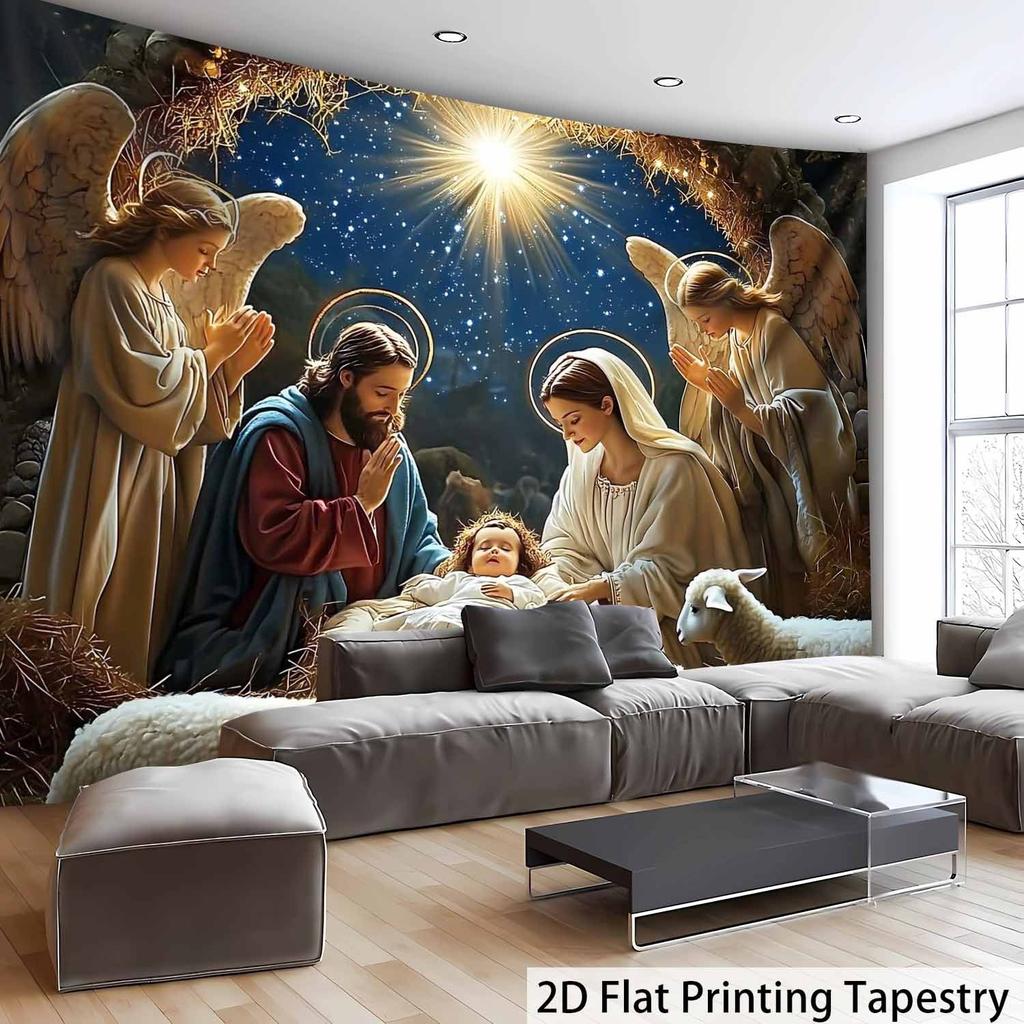 Krippen-Wandteppich, Baby Jesus mit Maria und Josef in der Krippe, Religiöses Wandbehang für Wohnzimmer Schlafzimmer