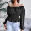 Mode Elegant Schulterfrei Saum Rüschenkante Bluse Damen Slim Fit Plissiert Einfarbig Hemd Langarm Lässig Einfach Kurzes Oberteil Sexy Damenbekleidung