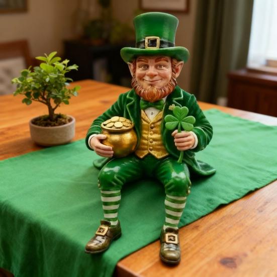 St. Patrick's Day Leprechaun Figurine Small Lucky Shamrock Statue Resin Irish Clover Leprechaun Ornament for Car Dashboard Home Table Decor