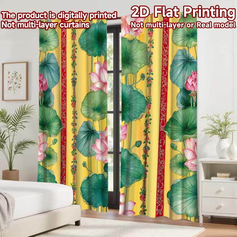 2D Flat Printing 2pcs Curtain Curtain Festive Lotus Leaves Design Digital Printed Polyester Drapes Family Party Perfect for