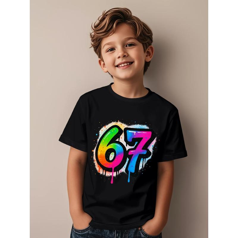 European sizes   Number 67 Number Print T-Shirt - 6 & 7 Combination & 67 Splash Design, Round Neck Casual Birthday Party Outfit 110 чёрный