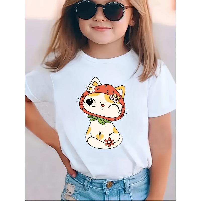 European sizes Girls  Casual T-Shirt with Cartoon Cat Print 110 белый