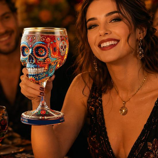 Gothic Skull Wine Glass, Hand Painted Skeleton Goblet, Day of The Dead Decor, Unique Bar Gift for Halloween