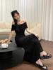 Black one-word shoulder dress women's summer 2026 new French temperament sexy waist and thin off-the-shoulder dress