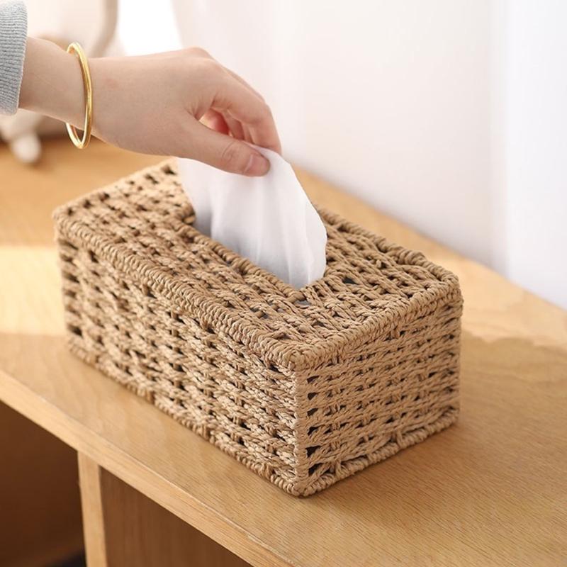 Dispenser di fazzoletti intrecciato a mano in fibra naturale Organizzatori decorativi da tavolo per soggiorno camera da letto Superfici lavabili