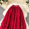 Summer Women Elegant Ruffles Mesh Elstic Waist Long Midi Cake Skirt