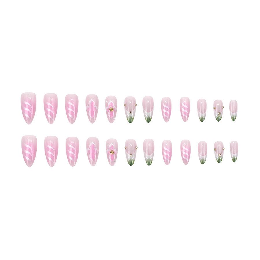 24-Piece Gold Striped Floral Sparkle Press-On Nails