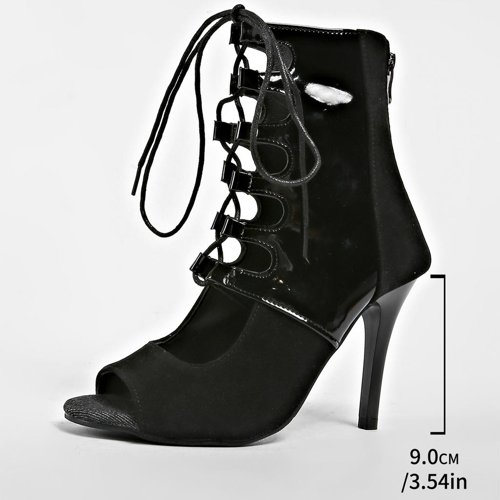 Fashion Patent Leather Mixed Denim Ankle Boots Woman High Heel Cut-Out Design Lace-up Canvas Booties Ladies Latin Tango Salsa Dance Shoe
