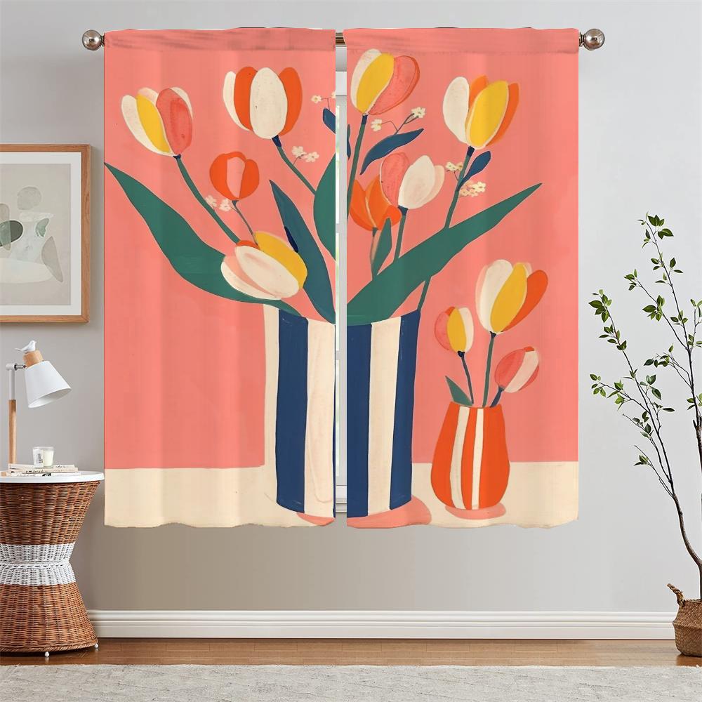 The Fiery Red Tulips Kitchen Curtains Salon 2 Cheap Pieces Bedroom Blackout Curtains for Living Room Blind Bathroom Curtain Home