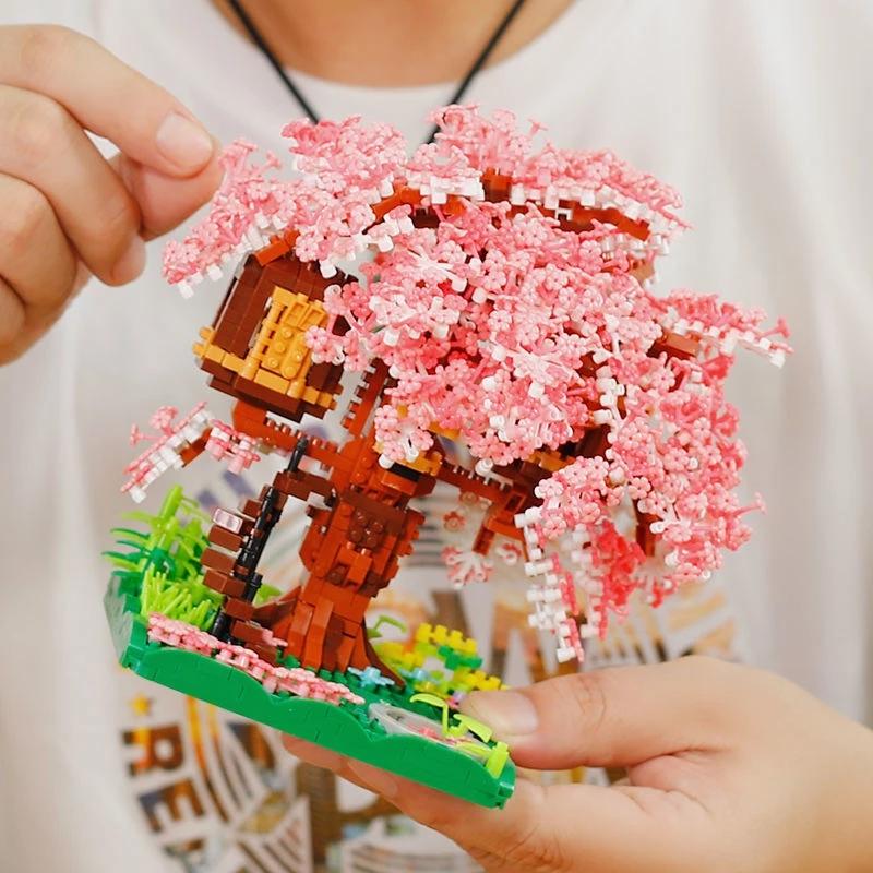 Stadt Kirschblüten Baumhaus Bausteine Kirschblüte Japanische Freunde Straßenansicht Mini-Bausteine Spielzeug für Mädchen Weihnachtsgeschenke