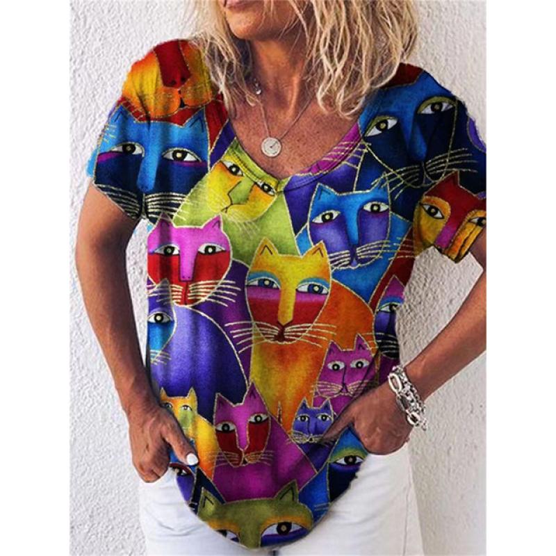 Women's 3d Cats Print T-Shirt Fashion Woman Blouses 2024 Funny Kawaii V-Neck T Shirt Female Clothing Oversized Summer Tops Tees