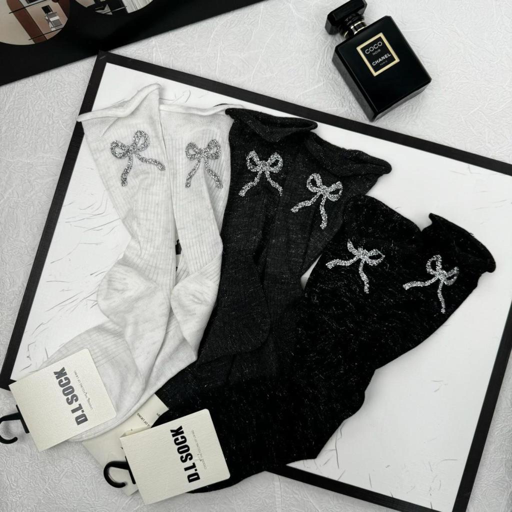 Damen Netzstrümpfe mit Strass-Schleife, knielang - Dreifarbig, Uni, Raffung, Ballett-Stil