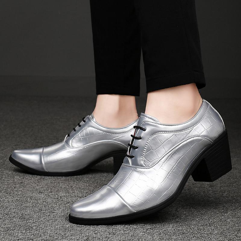 2026 Luxury Golden High Heel Shoes Men Fashion Business Formal Shoes Man Wedding Shoes Size 46 Pointed Toe Leather Shoes Men