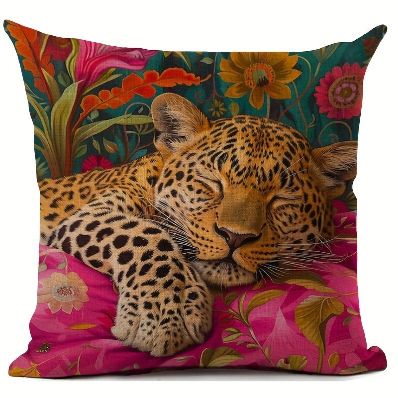 Tonnika Chen Unisex Tropical Leopard Linen Pillow Cover - Vibrant Floral Design, Perfect Home Decor, Soft And Cozy, Unique Gift Idea