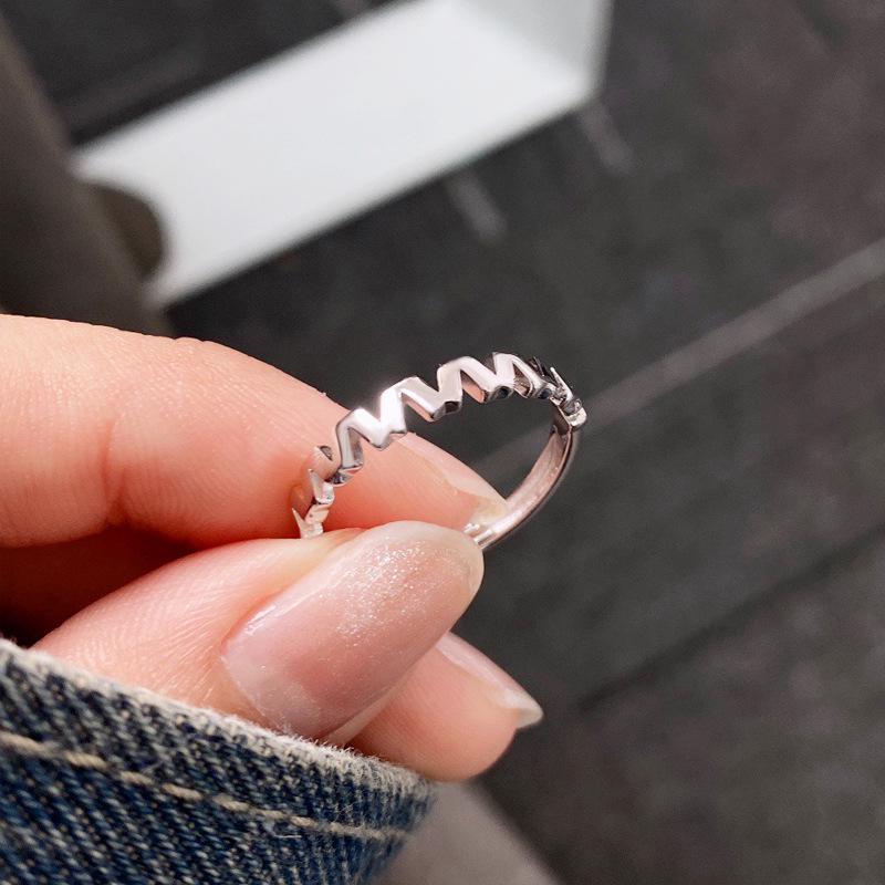 S925 Sterling Silver Geometric Stripe Ring for Women - Irregular Unique Wave Design Adjustable Open