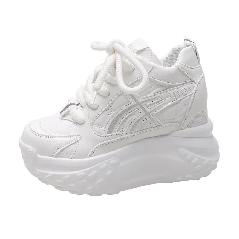 

Модные женские кожаные кроссовки на массивной подошве, новинка осени, на скрытой платформе, повседневная спортивная обувь для папы, подошва 10 см, кроссовки на платформе, дышащие 37 белый