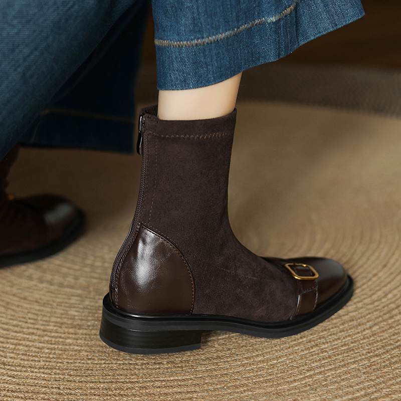 Krazing Po Microfiber Flock Winter Round Toe Size 33 Chelsea Boots Size 43 Zipper Metal Buckle Low Heels Ankle Boots