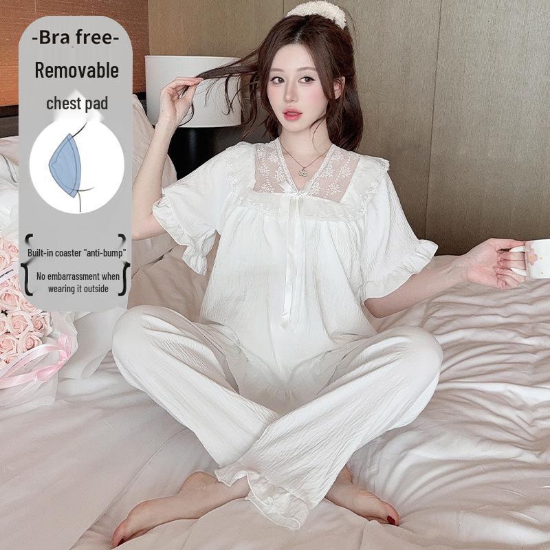 

Princess Style Girls Summer Pajamas: Short Sleeve, Long Pants, Cloud Cotton, Lace Trim, with Chest Pads Extra Extra Large