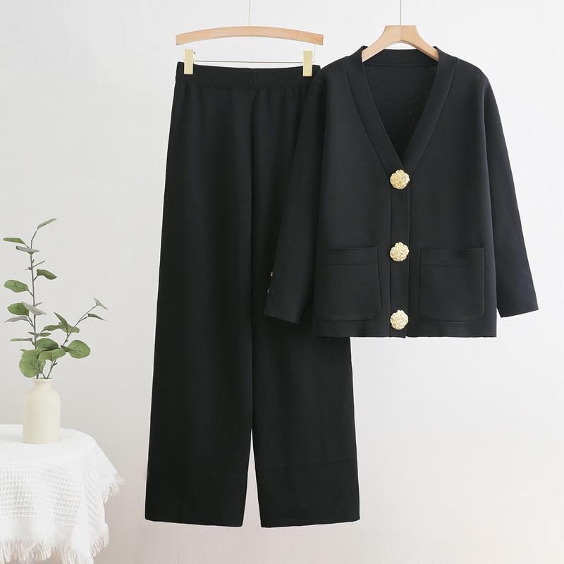 Autumn-Winter V-Neck Cardigan & Wide-Leg Pants Knit Set
