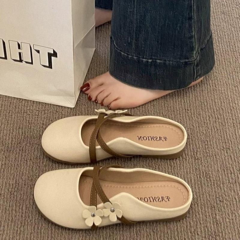 Summer Bag Head Flat Bottom One Pedal Lazy Shoes New Round Head Flower Half Slippers with Skirt Versatile Slippers