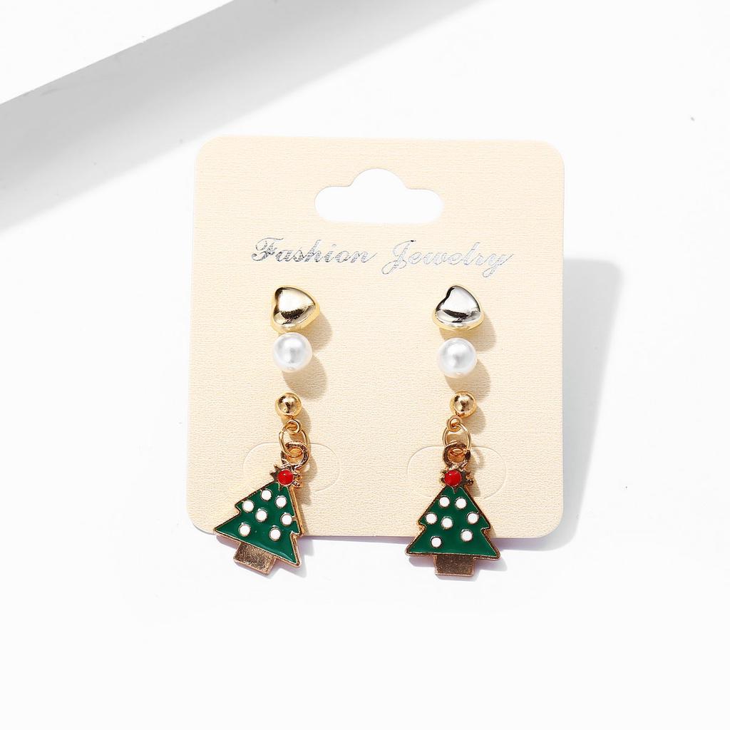 3Pairs Women Christmas Tree Loving Heart Pearl Bead Shape Earrings Set