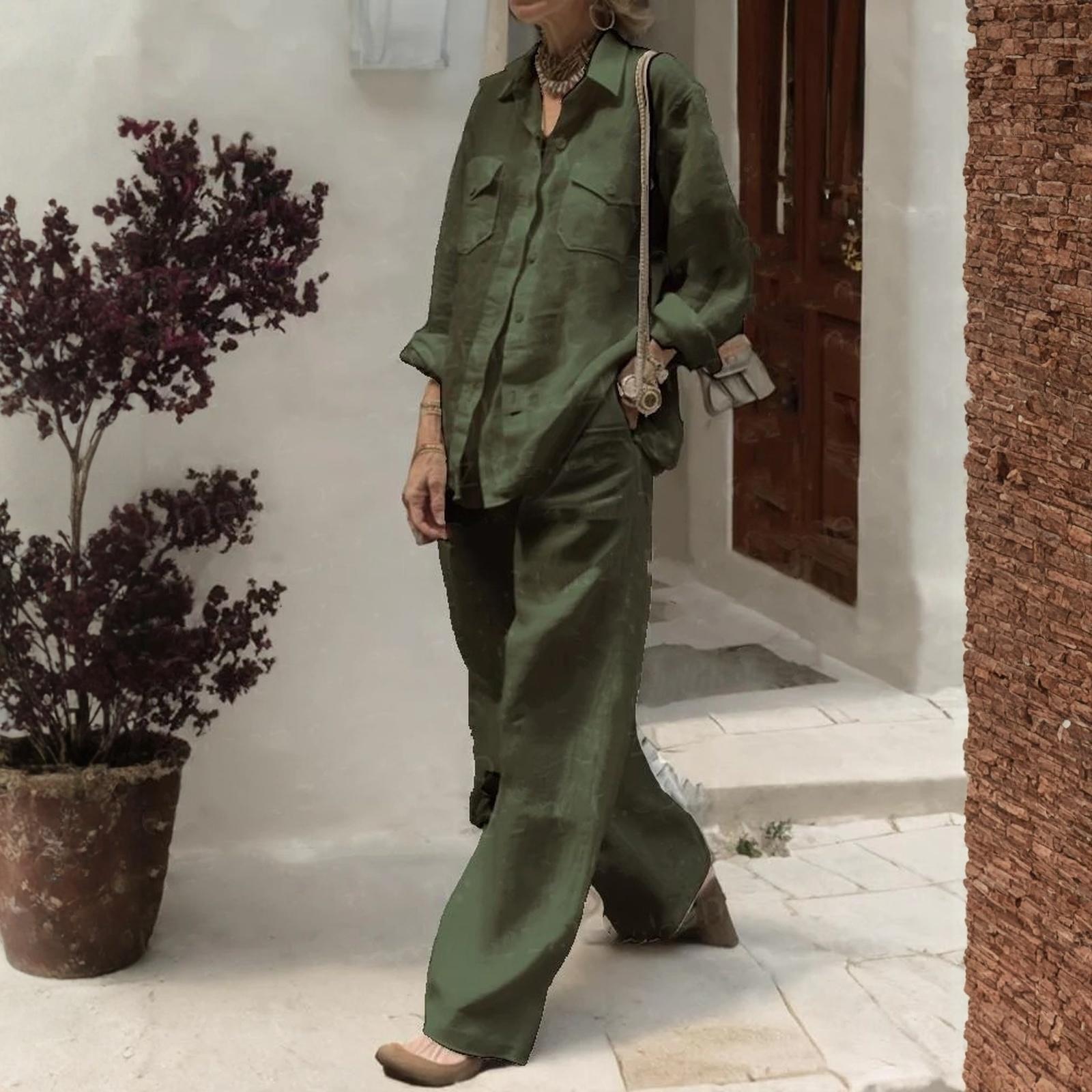 

Fashionable Women s Long-Sleeved Shirt And Loose-Fitting Pants Two-Piece Set XL